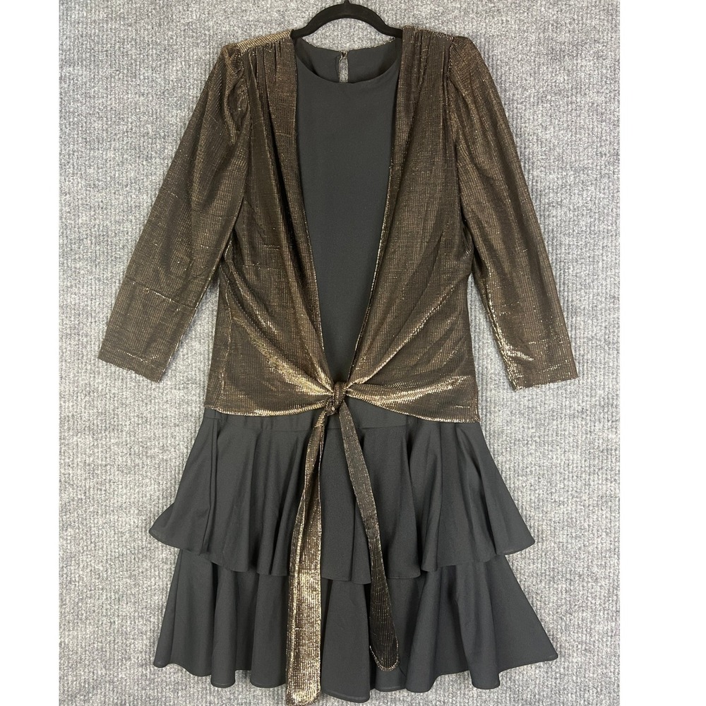 Vintage 80s Glam Gold Metallic Black Ruffle Party Dress Tie Front Size 12 Lurex